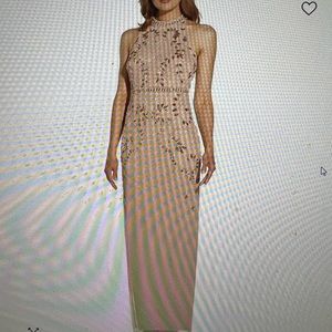 Papell Studio - Embellished mock-neck T-back gown.